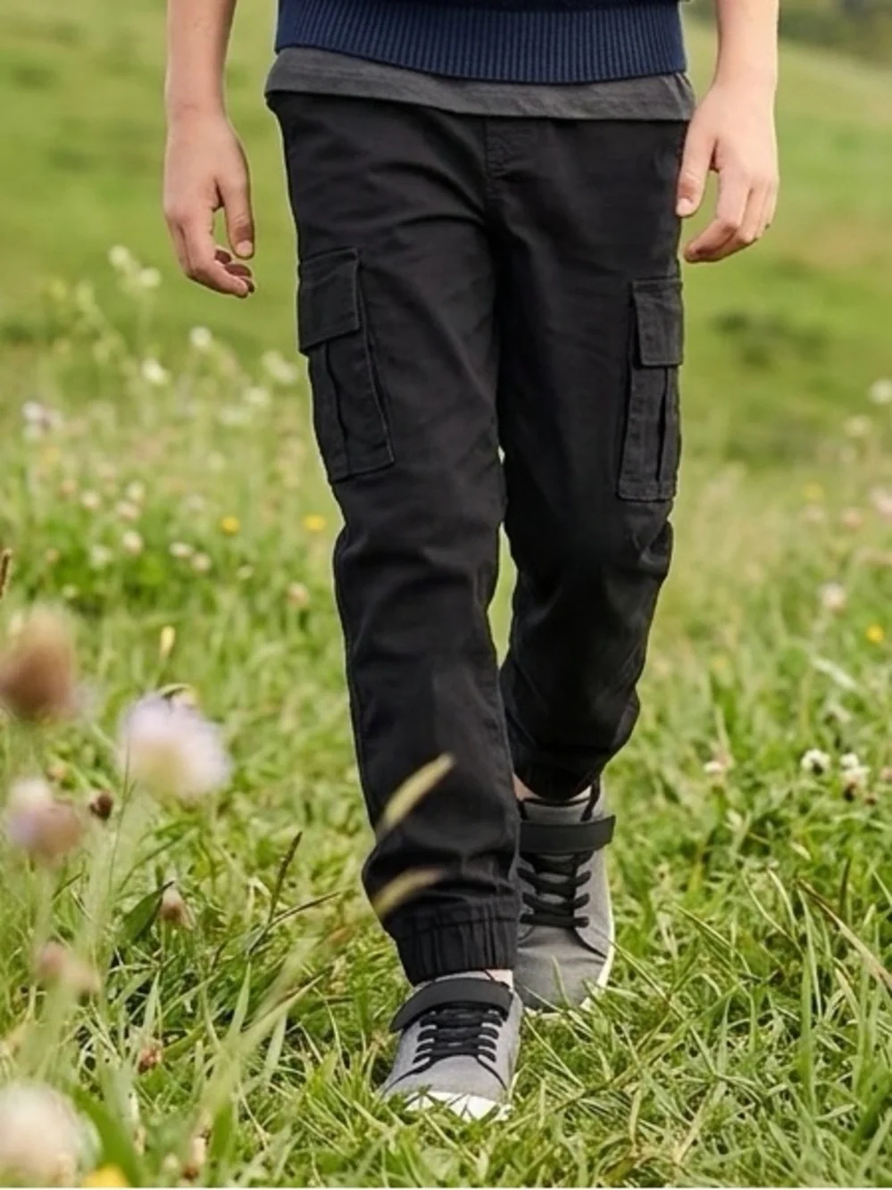 NWT Old Navy Boys Kids Black Twill Cargo Joggers Pants Drawstring Waist - Size M